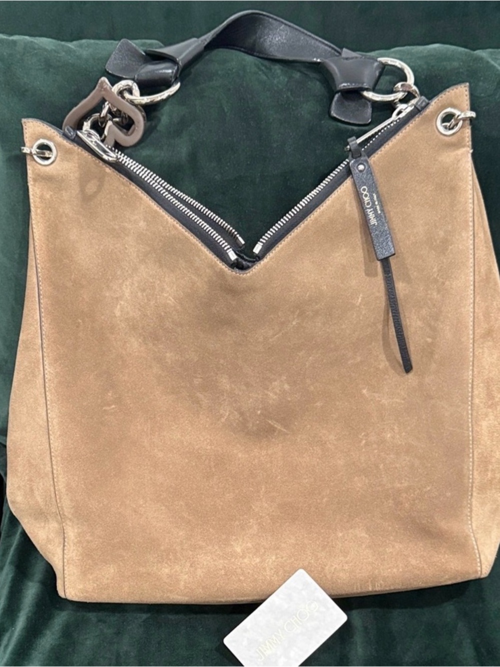 Jimmy Choo Taupe Suede Shoulder Hobo with Black Trim